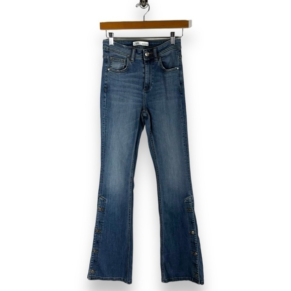 Zara High Rise Buttoned Flare Denim Jeans, Medium Wash, Size 2 - Picture 2 of 11